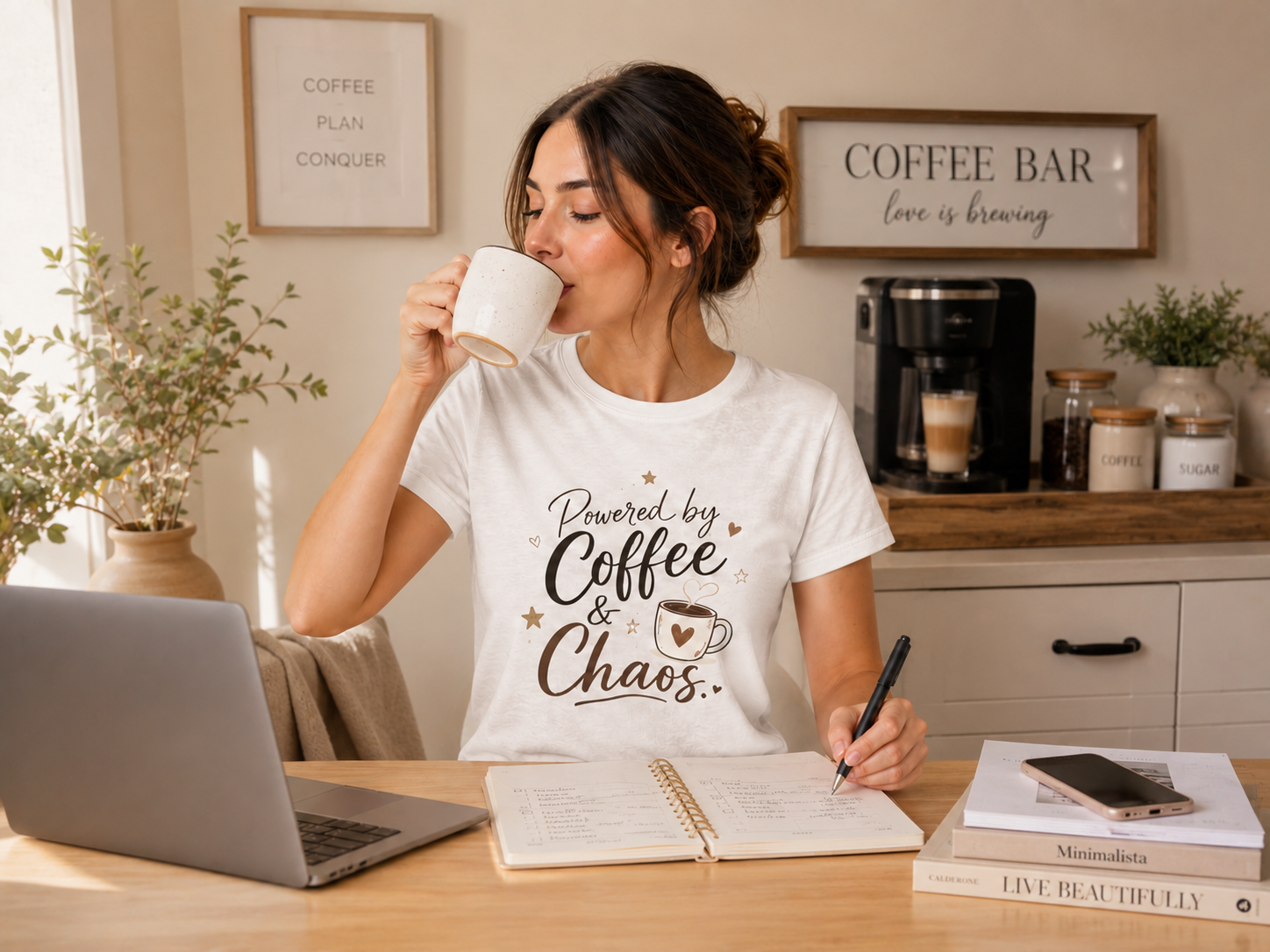 Powered by Coffee & Chaos T-Shirt | Coffee Mug Typography Tee