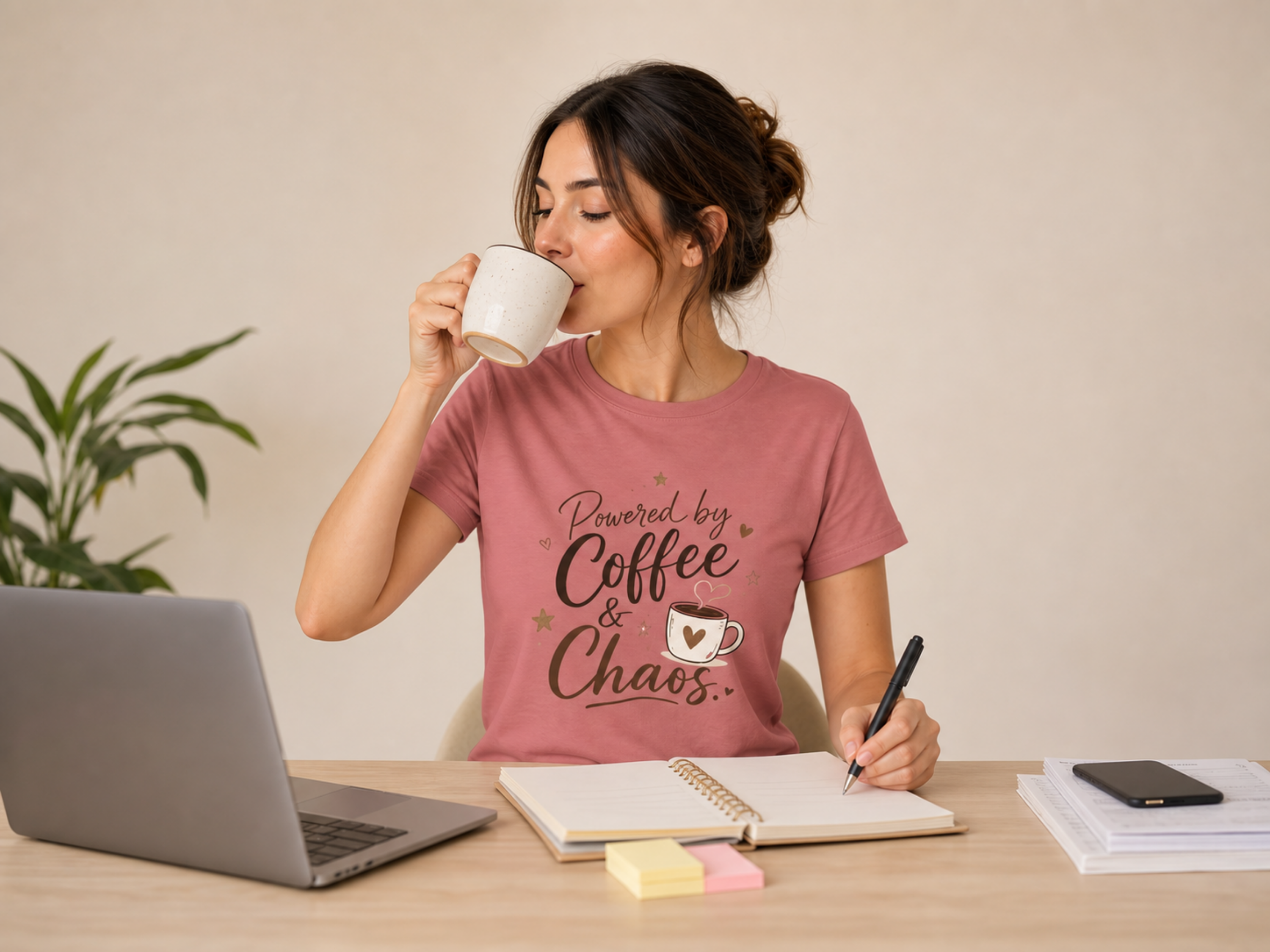 Powered by Coffee & Chaos T-Shirt | Coffee Mug Typography Tee