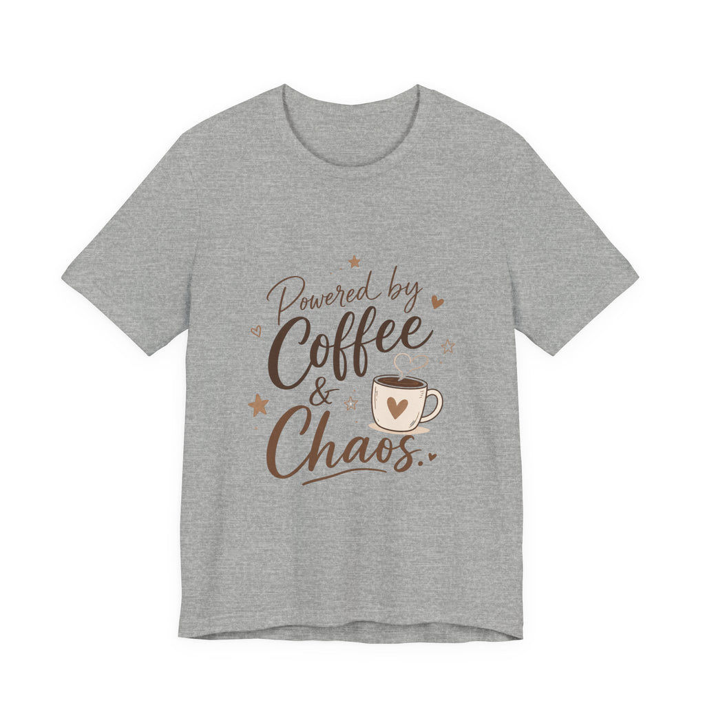 Powered by Coffee & Chaos T-Shirt | Coffee Mug Typography Tee